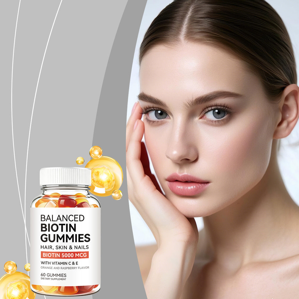 Balanced Formula Biotin Gummies Nourish Hair Skin Nails Easy Chew Fresh Fruit Flavor Strawberry Gummies