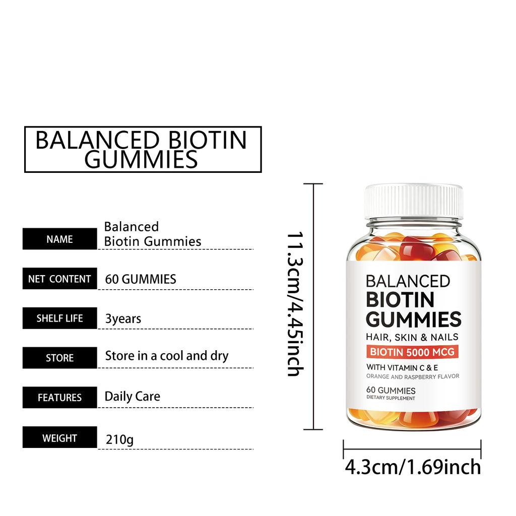 Balanced Formula Biotin Gummies Nourish Hair Skin Nails Easy Chew Fresh Fruit Flavor Strawberry Gummies