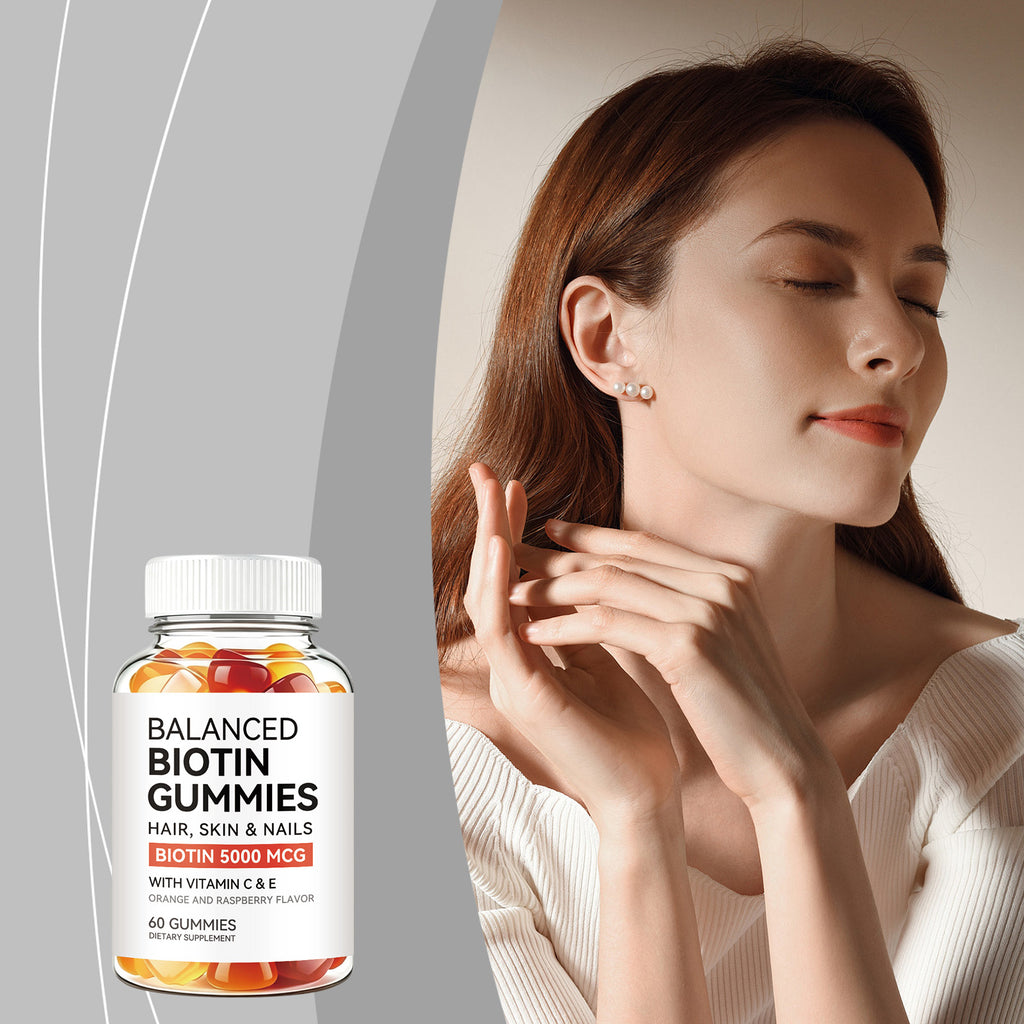 Balanced Formula Biotin Gummies Nourish Hair Skin Nails Easy Chew Fresh Fruit Flavor Strawberry Gummies