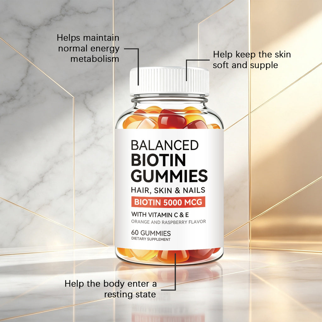 Balanced Formula Biotin Gummies Nourish Hair Skin Nails Easy Chew Fresh Fruit Flavor Strawberry Gummies