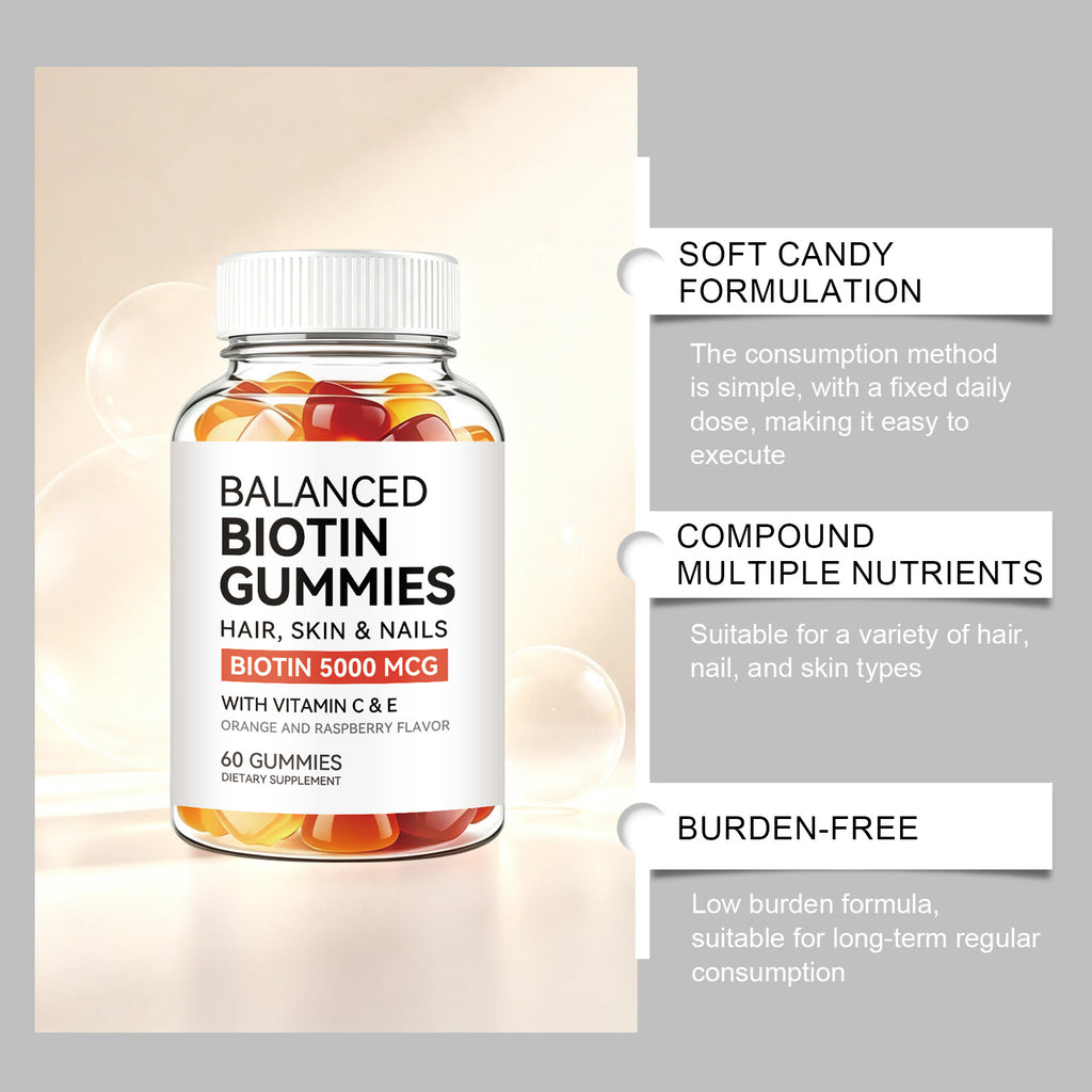 Balanced Formula Biotin Gummies Nourish Hair Skin Nails Easy Chew Fresh Fruit Flavor Strawberry Gummies