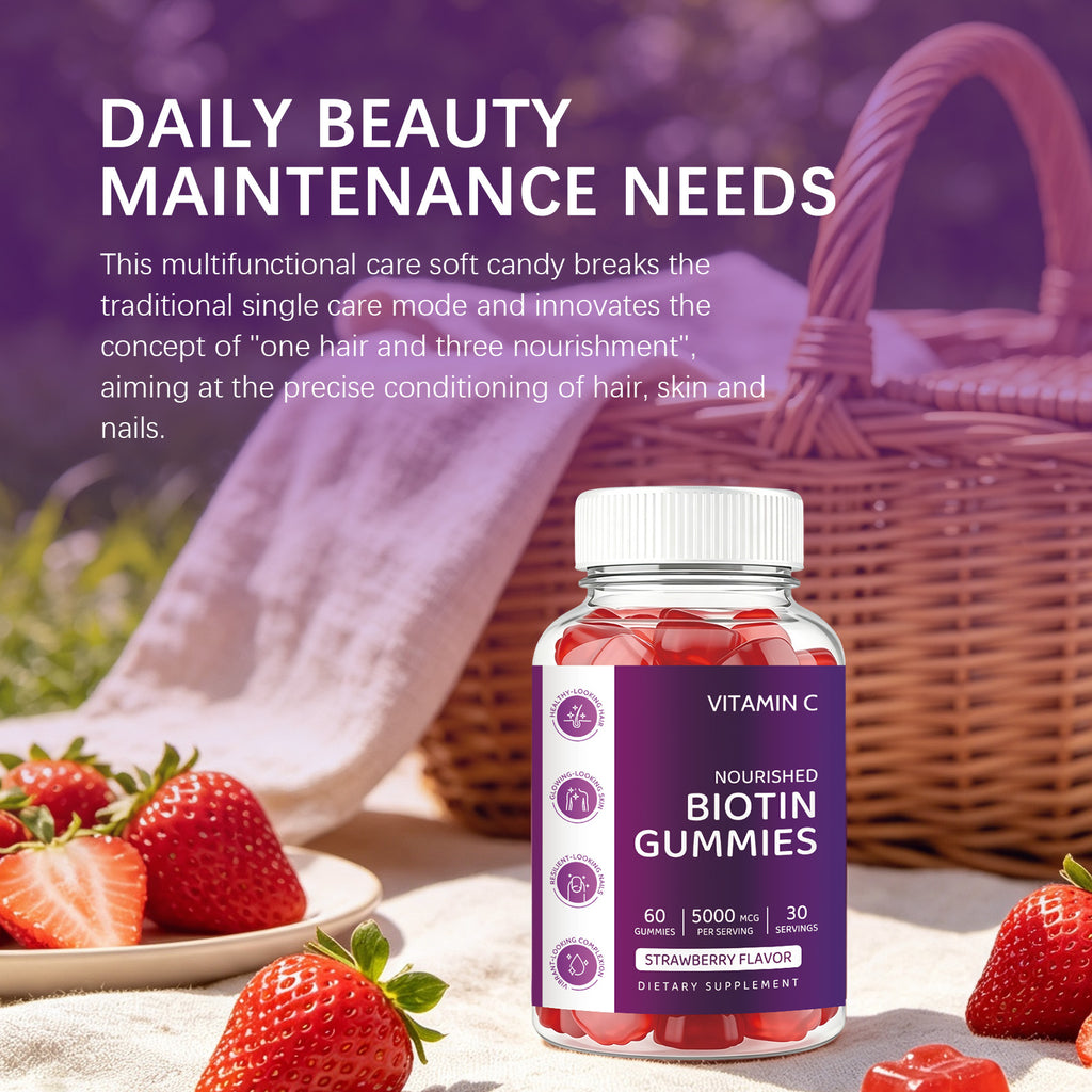Biotin Gummies Hair Skin Nails Care Chewable Easy Take Strawberry Flavor Internal Care Gummies